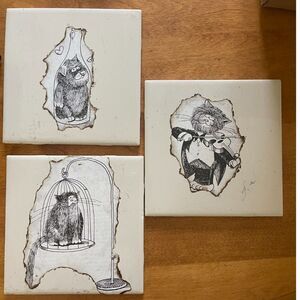 Lot of 3 Cat Tiles Mischievous Troublemaker Kitties Handmade Wall Art Trivet Vtg